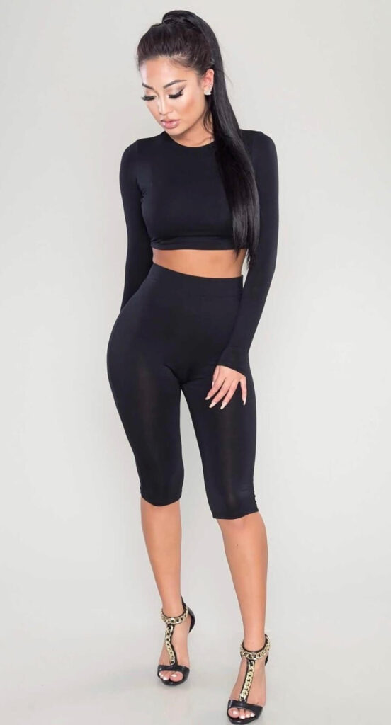 longsleeve cropped top and bikes shorts