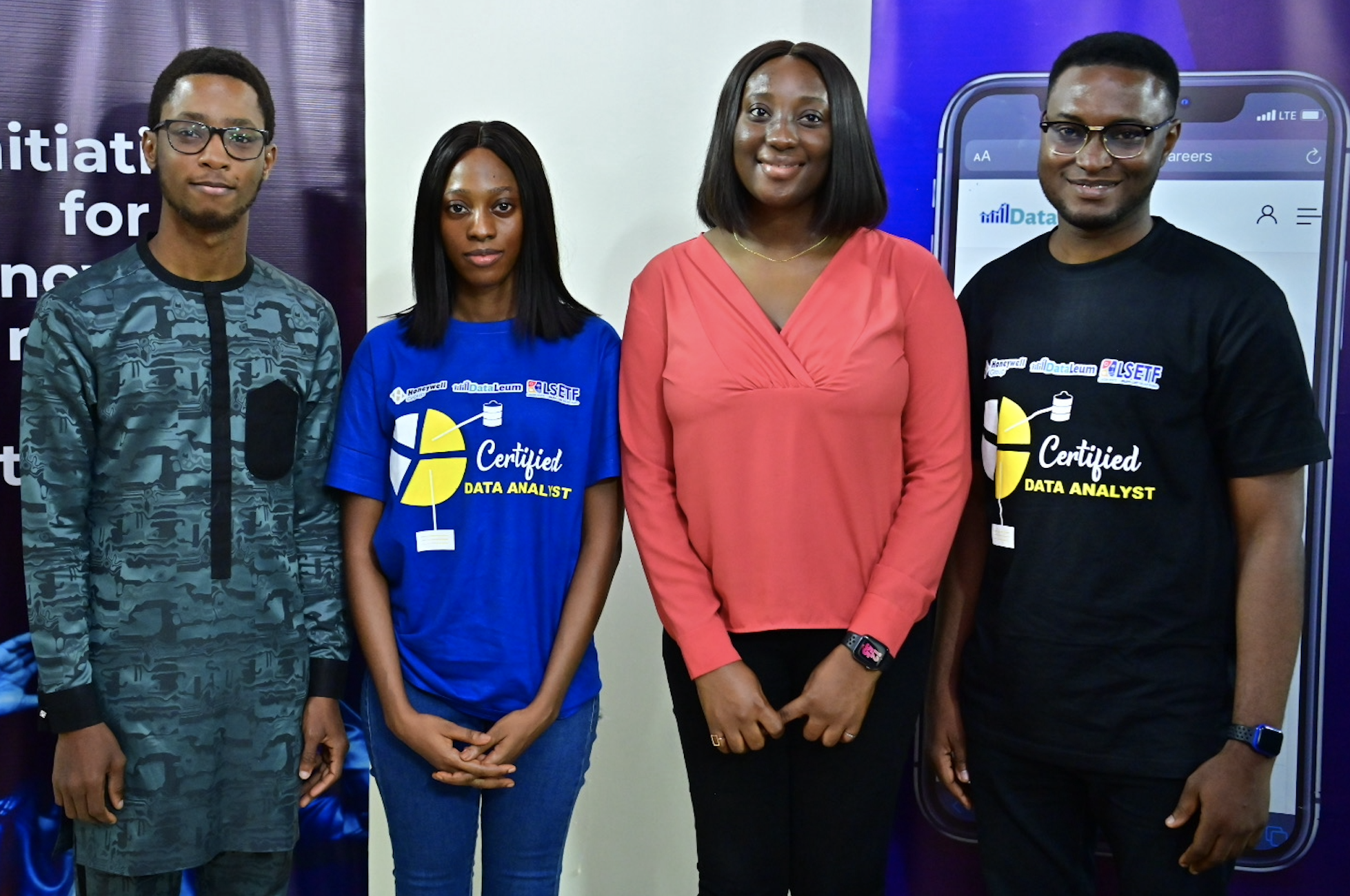 L-R: Head, Startups, Lagos Innovates, Hakeem Onasanya; Beneficiary, Lagos Innovates Talent Development Programme, Abiola Ogunbajo; Corporate and Communications Transformation Associate, Honeywell Group Limited (HGL), Adesola Adesina; Beneficiary, Lagos Innovates Talent Development Programme, Celestine Azolobi; at the career fair and graduation ceremony of the HGL-supported Lagos Innovates programme on Friday, February 3, 2023.