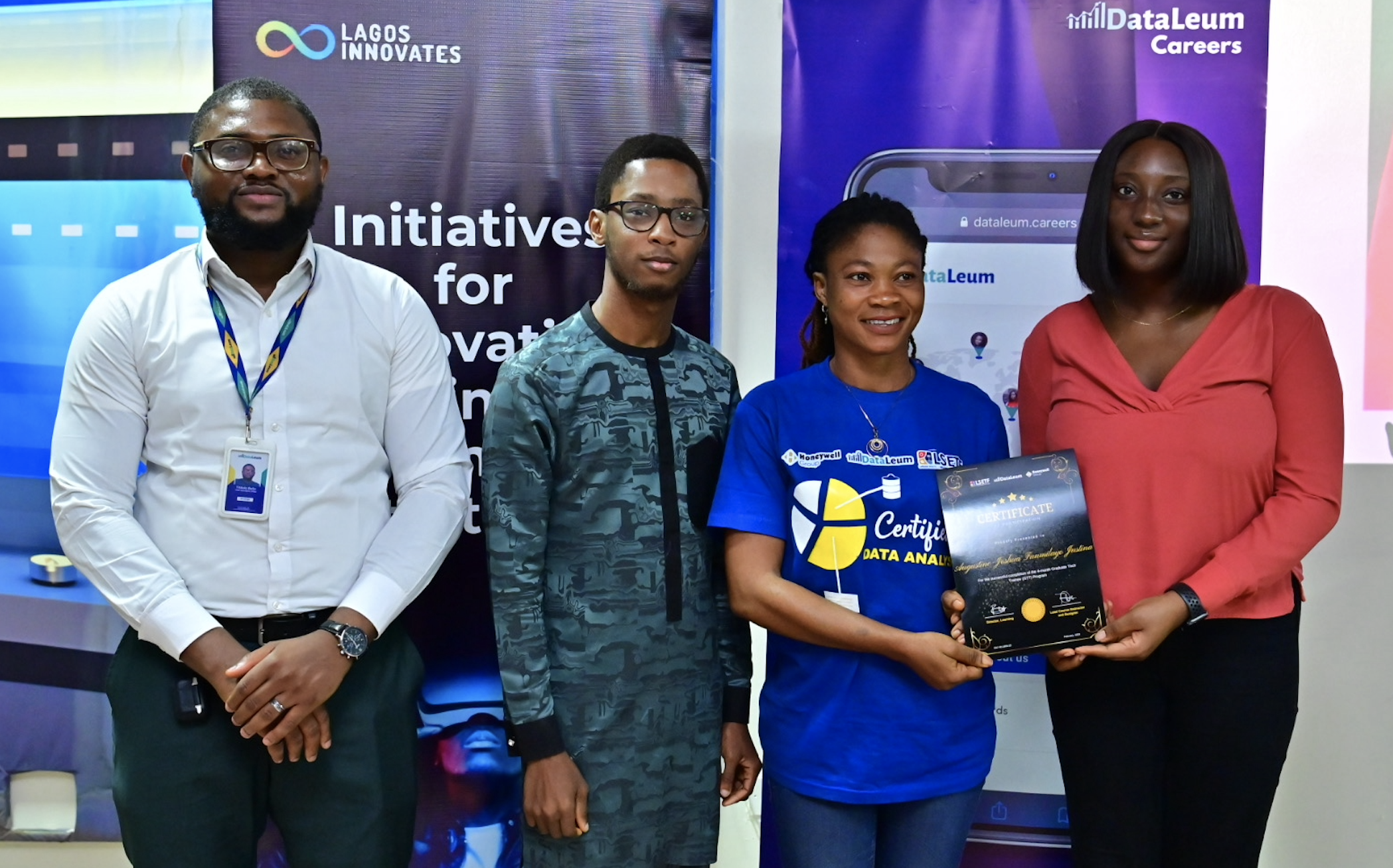 L-R: Chief Operating Officer, Dataleum, Titilola Bello; Head, Startups, Lagos Innovates, Hakeem Onasanya; Beneficiary, Lagos Innovates Talent Development Programme, Justina Funmilayo; Corporate and Communications Transformation Associate, Honeywell Group Limited (HGL), Adesola Adesina at the career fair and graduation ceremony of the HGL-supported Lagos Innovates programme on Friday, February 3, 2023.