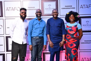 L-R: Fashion Conversations Mentee, Eva Ojeme; Creative Designer, Atafo, Mai Atafo; Brand Manager, Edrington Portfolio, Nigeria, Hammed Adebiyi; and Fashion Conversations Mentee, Ebele Ighorodje, at The Macallan-sponsored event.