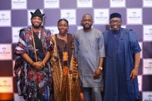 L-R: CEO & Convener, Premia Business Network, Bola Lawal; Partner, McKinsey & Company, Mayowa Kuyoro; Brand Manager, Edrington Portfolio, Nigeria, Hammed Adebiyi, and CEO, Corporate Shepherds Ltd, Idorenyen Enang at The Macallan-sponsored Premia Business Network Gala Night at Twin Waters on December 17, 2023.
