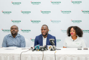 L-R Sales Manager, Amani Kimaro; Country Manager, Tanzania, Obabiyi Fagade; Trade Marketing Manager, Lilian Paschal at the media briefing in Dar es Salaam, Tanzania.