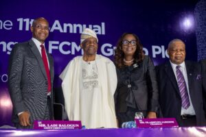From left: Group Chief Executive, FCMB Group Plc, Mr. Ladi Balogun; Chairman of the Group, Mr. Oladipupo Jadesimi and Company Secretary/General Counsel, Mrs. Funmi Adedibu, during the 11th Annual General Meeting (AGM) of FCMB Group held on May 24, 2024 in Lagos. 