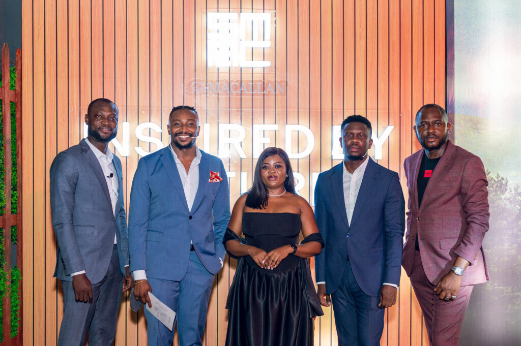 L - R: The Macallan Brand Specialist, Rasaq Makanjuola; The Macallan Brand Educator and Ambassador, Lagos, Daniel Atteh; Assistant Brand Manager, Edrington Portfolio, Nigeria, Idorenyin Emmanson; The Macallan Brand Educator and Ambassador, Abuja, Adeyinka Adepetun; and Senior Brand Manager, Edrington Portfolio, Nigeria, Hammed Adebiyi, at the Launch of The Macallan Harmony III - Amber Meadow on Friday, January 31, 2025, at the Aimas Garden, Ikoyi, Lagos.